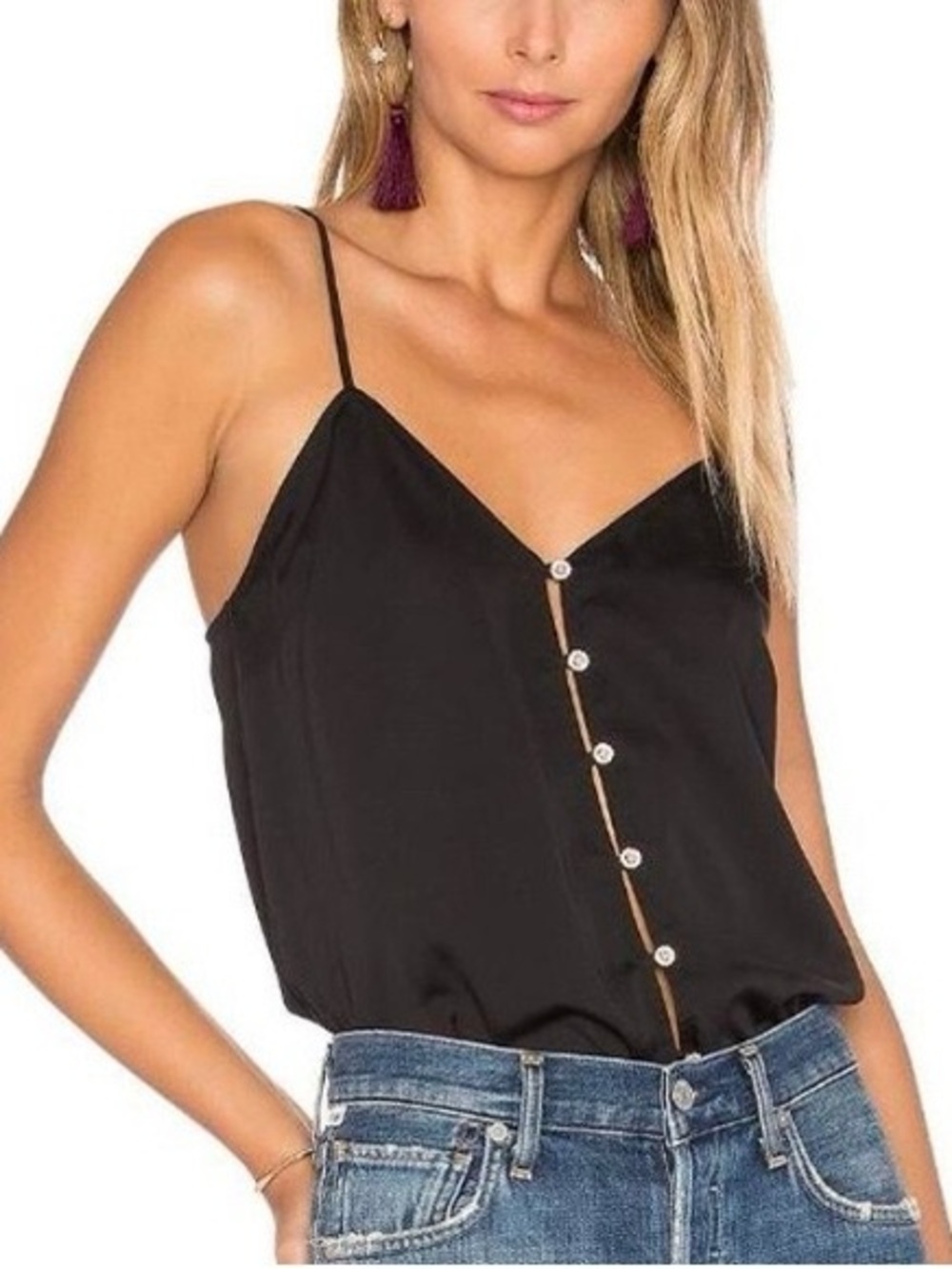 L'Academie Yvette Satin Cami Rhinestone Buttons in Black Size S